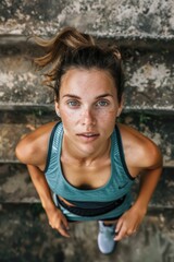 Athlete looking up, focused and determined.