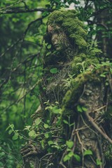Obraz premium A guardian of the forest, this mythical creature is covered in lush moss and foliage, blending into the natural surroundings.