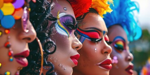 Colorful and vibrant performers at a lively carnival or festival, showcasing diverse costumes, face paints, and makeup.