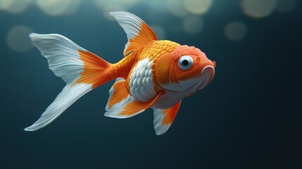 Close-up of an orange and white goldfish with a large, round eye and a long, flowing tail, swimming in a blue aquarium.