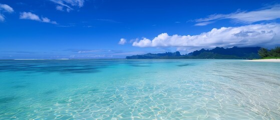 Obraz premium A scene featuring a body of water, a sandy beach, and a mountain range with clouds in the distant sky