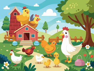 Farm bird. Cartoon different domestic poultry walking on yard. Cute chicken, rooster, nice ducks, turkeys, gooses with brood, eggs in nest. Family fowl. Mother and kids. Vector set
