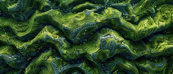 Obraz premium Abstract aerial view of green hills and valleys with light yellow patches.
