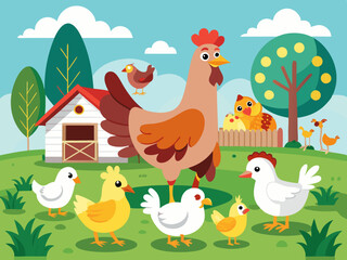 Farm bird. Cartoon different domestic poultry walking on yard. Cute chicken, rooster, nice ducks, turkeys, gooses with brood, eggs in nest. Family fowl. Mother and kids. Vector set
