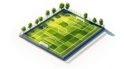 An isometric illustration of a soccer field with detailed markings, goals, and surrounded by a fence, with trees on the perimeter casting shadows.