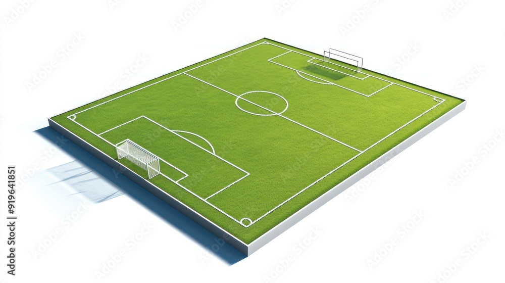 Wall mural a 3d rendering of a soccer field with white lines marking the playing areas, a center circle, penalt