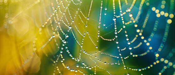  A close-up of a spider web with dew drops on its threads