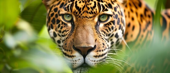 Fototapeta premium A tight shot of a leopard's expressive face, framed by green leafy foliage in the foreground Background softly blurred