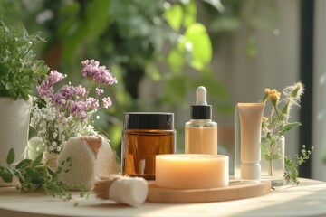 Natural skincare products arranged elegantly on a wooden table surrounded by lush greenery in a sunlit setting