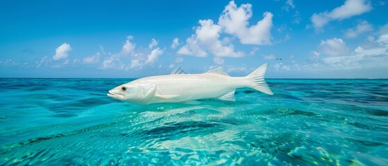 Fototapeta premium A large white fish floats atop tranquil water, nearby a moored boat