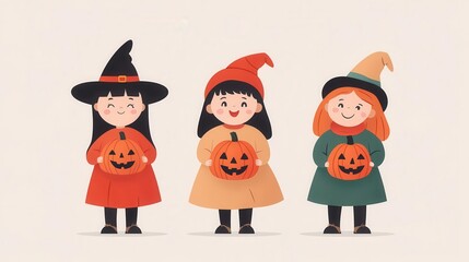 Three cheerful girls in Halloween costumes holding pumpkin decorations, perfect for festive celebrations and autumn themes.