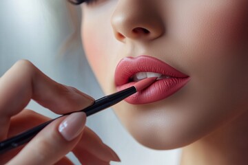 A close-up of a woman's lips being expertly lined during a makeup application session in a well-lit studio