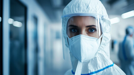 A woman in a white lab coat and a mask is standing in a room