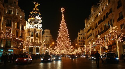 A Christmas tree is lit up in the middle of a city street