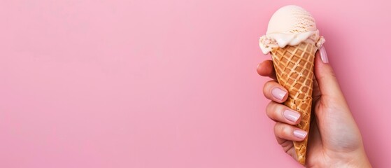 Woman's hand holds ice cream cone against pink backdrop Ice cream scoop filled, cone topped