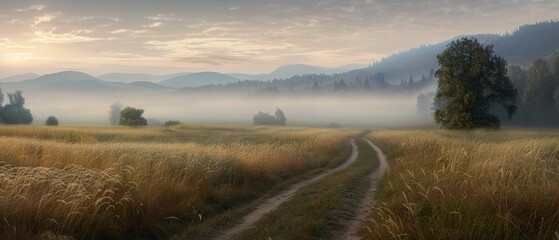 A foggy field with a dirt road in the foreground and trees beyond