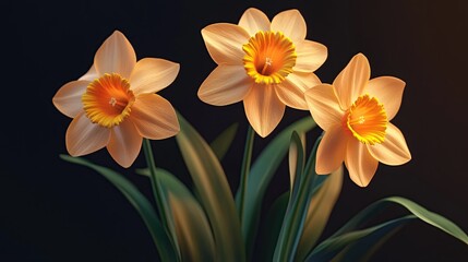 Fototapeta premium Three delicate, peach-colored daffodils with yellow centers and green stems are artistically arranged against a black background.