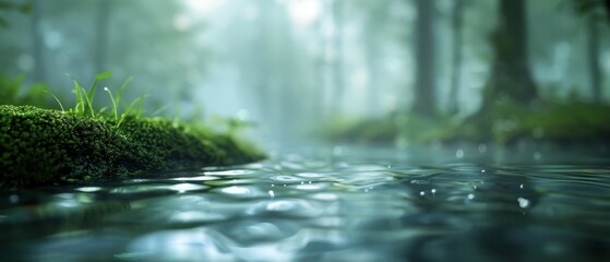 Fototapeta premium A stream running through a forest, its bank lined with growing grass, water in the middle