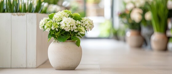 Fototapeta premium A white vase, filled with green and white blooms, stands atop a pristine white floor Adjacent to it lies another identical vase, brimming with the