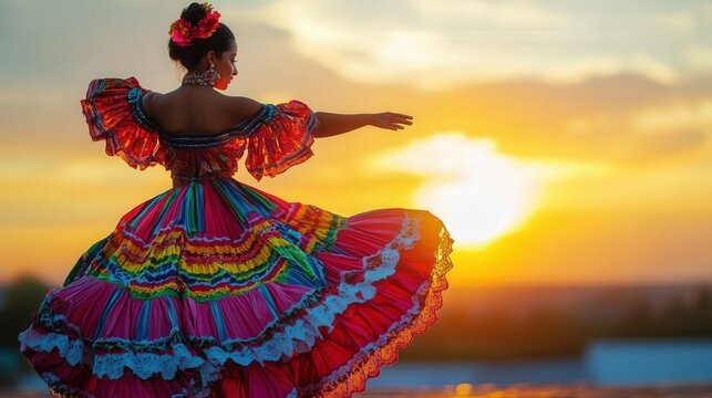 A hispanic woman in a colorful dress is dancing in front of a sunset