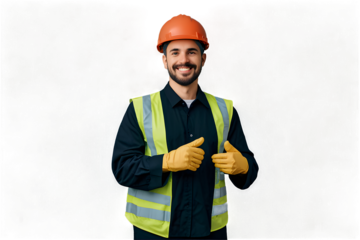 Smiling construction worker wearing uniform Isolated on a clear background, PNG file.
