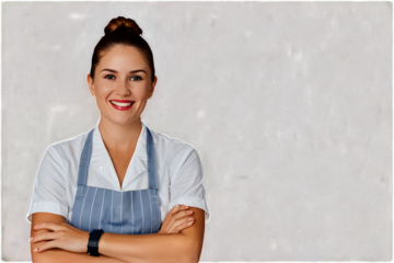 Portrait of a happy waitress and food service woman, smiling, isolated on transparent background

