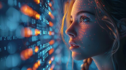 A woman is staring at a computer screen with a face made of numbers