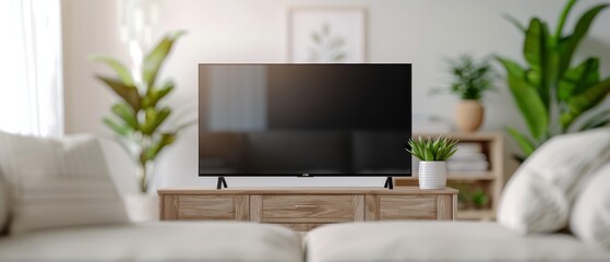  A flat-screen TV atop a wooden stand, near a white couch and a potted plant