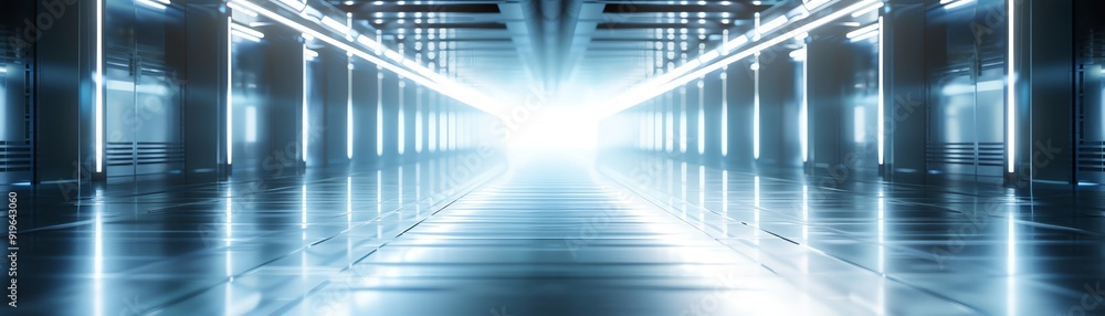Poster futuristic corridor illuminated by glowing lights, creating a serene atmosphere with a bright focus 