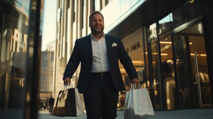Naklejka premium A man happily carrying multiple shopping bags in an upscale urban shopping district during the afternoon