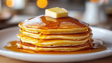 Plate of pancakes drizzled with syrup and topped with a pat of butter. 