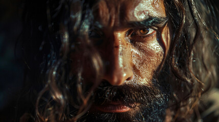 Obraz premium Intense gaze from a rugged man with long, wet hair and a beard