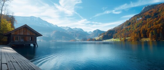  A wooden dock nestled by a body of water A house lies beside it Mountains loom in the background