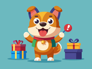 Dog mascot. Happy pet character, animal winking, puppy celebrating and dogs with different facial expressions, poses and actions cartoon vector set. Playful pet with gift boxes, shopping bags
