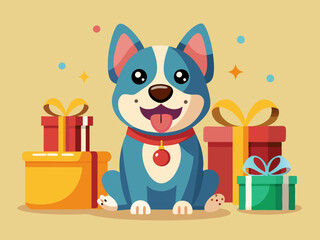 Dog mascot. Happy pet character, animal winking, puppy celebrating and dogs with different facial expressions, poses and actions cartoon vector set. Playful pet with gift boxes, shopping bags
