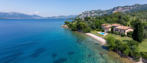 Obraz premium A birds-eye perspective of a lakeside residence featuring a frontal swimming pool and mountainous backdrop