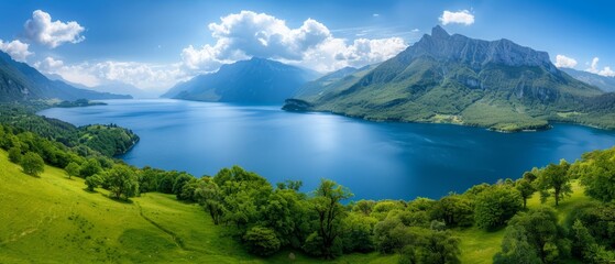  A large body of water encircled by lush, green hills beneath a blue sky with scattered clouds