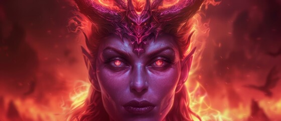  A tight shot of a woman with reddened eyes and horns atop her head Flames encircle her, ascending into the sky behind her