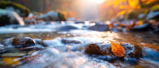 Fototapeta premium A leaf atop a river rock, surrounded by flowing water, with foreground rocks