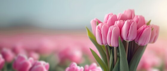 Obraz premium A tight shot of numerous pink tulips against a backdrop of pink blooms with a softly blurred background