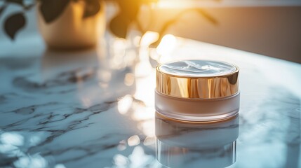 Cream Jar on Marble Surface with Golden Lid.