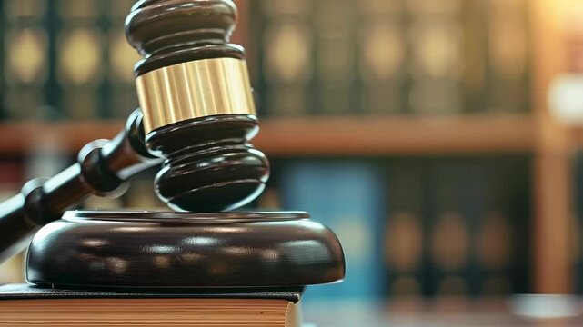 Gavel on Law Book in Courtroom Library