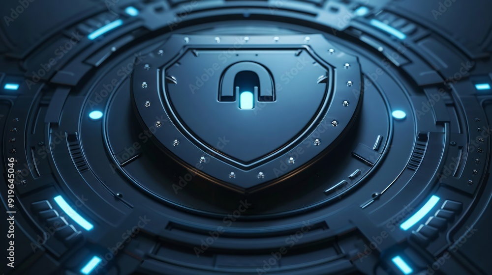 Poster a sleek digital shield design with glowing elements, representing security and protection in a moder