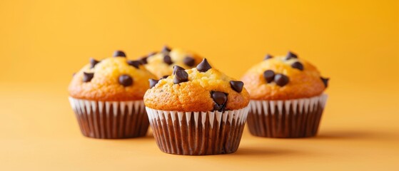  Three muffins, each topped with chocolate chips, sit against a sunny yellow surface on a yellow backdrop