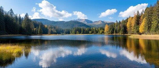 Fototapeta premium A tranquil lake enclosed by a dense forest teeming with numerous trees In the backdrop, a towering mountain with clouds adorning its peak
