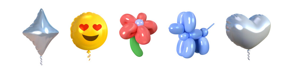 Set of balloons in the shape of a dog, flower, , emoji, silver heart and rhombus. 3d realistic style. Vector illustration