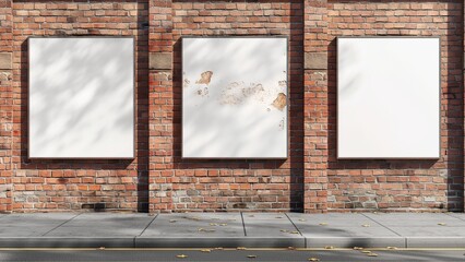 Fototapeta premium Three mockups of billboards or empty frames against a brick wall background 