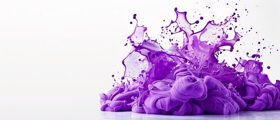  A purple liquid splashes on a white surface against a clean white backdrop
