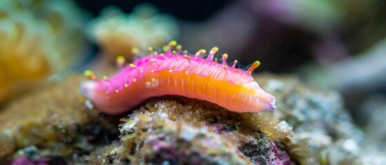 Fototapeta premium A tight shot of a pink and yellow caterpillar atop a coral, surrounded by various other corals in the background