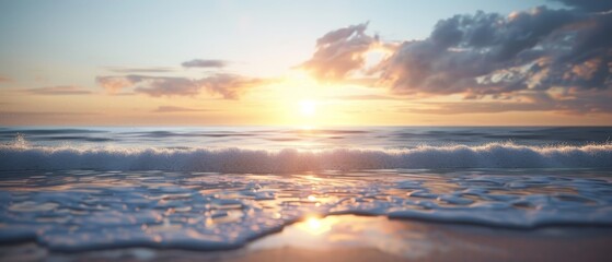 Obraz premium The sun sets over the ocean, waves approach the shore, and a beach lies in the foreground